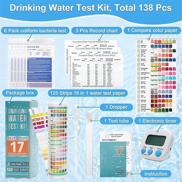 17 i 1 Drikkevann Test Kit 138P 125 Vannkvalitet Test Strips 6 E Coli Test Strips kompatibel Bly Ir-B13