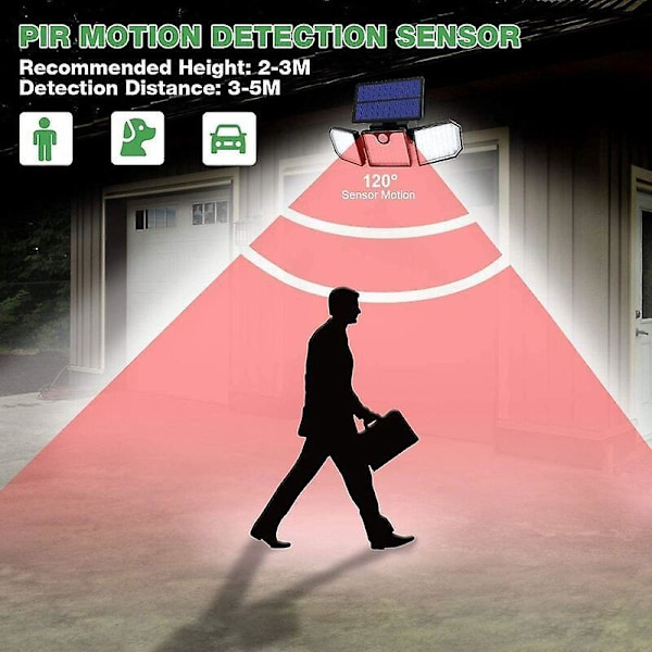 Utomhus Solcellslampa med Rörelsesensor, 3 Huvuden Utomhus Solcellsvägglampa Vattentät Väggspotlight för Garage Trädgård Uppfart Entré (2 st)