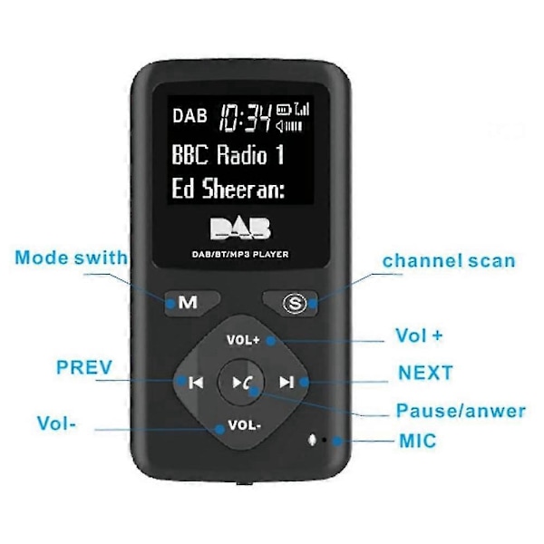 DAB/DAB+ Digital Radio Bluetooth 4.0 Personlig Lomme FM Mini Bærbar Radio Øretelefon MP3 -USB-kompatibel med Hjem