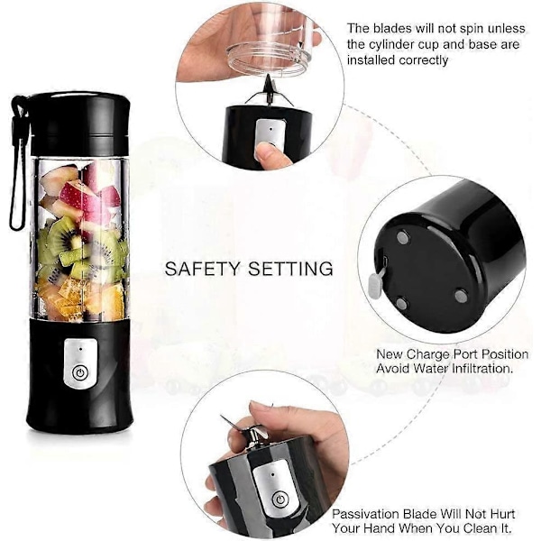 USB Elektrisk Sikkerheds Juicer Kop, Frugt Juice Mixer, Mini Bærbar Genopladelig /Juicing Blandings Knus Is Blender Mixer, 350-420ml Vandflaske (Sort)