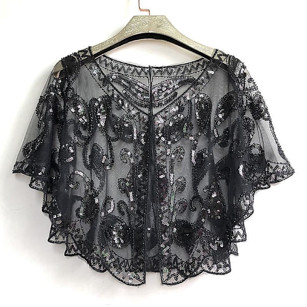 Kvinders 1920'er Sequin Shawl Wrap Brude Shawl Cover Up Perlet Evening Cape Sort