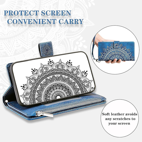 För Samsung Galaxy A54 5G PU Läder Mandala Blomma Präglad Handväska Blixtlåsficka Fodral Ställ Flera Kortplatser Flipskydd med Rem-B6 Blå