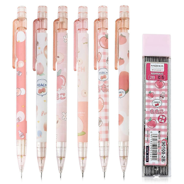 6 stk. Mekanisk Blyantsett 0,5 mm HB Automatisk Blyant Rosa