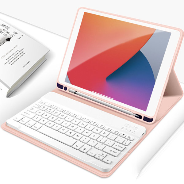 Magnetiskt tangentbord för surfplatta med genvägsknappar, stativ, pennhållare, exakt fodral, trådlöst tangentbord för IOS-surfplatta 10,2 tum, rosa fodral och vitt tangentbord