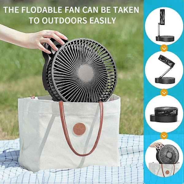 10000 mAh Oscillerende Gulvventilator, 20 cm Bærbar Batteriventilator, Genopladelig Bordventilator, 3 Hastigheder, Højdejusterbar, til Hjemmet, Camping, Telt, Rejser, Udendørs
