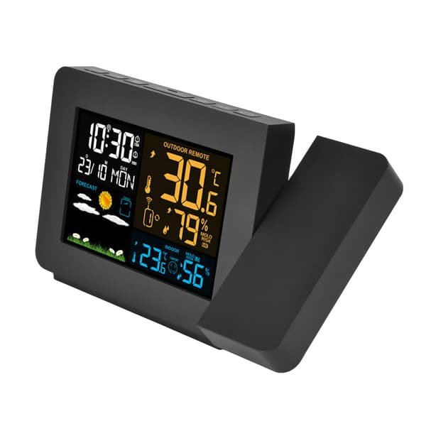 Inomhus Utomhus Termometer 60m Överföring Klocka Projektionsfunktion Temperaturprognos Digital Hygrometer EU 100‑240V