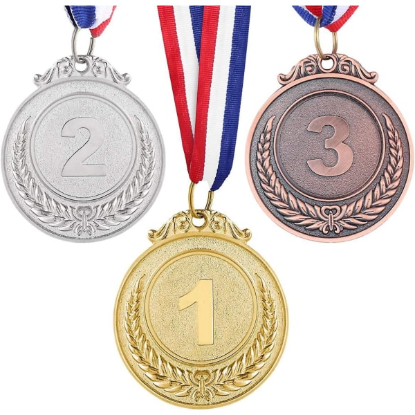 Olympisk stilsæt med 3 metalprismedaljer med halsbånd - guld, sølv, bronze - til børnesport eller konkurrencer