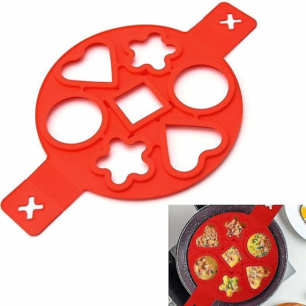 Rund Ägg Pannkaksform 7 Hål Omelettform Giftfri Smaklös Silikon Non-Stick Pannkakstillverkare För Bakform 23X37cm Röd