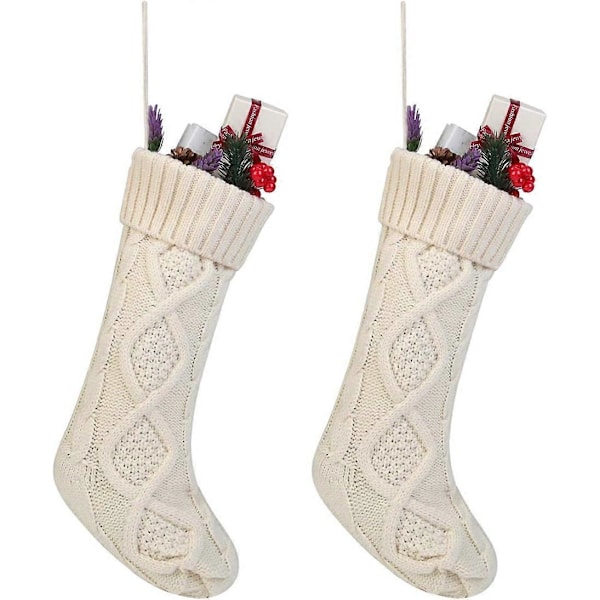 Twiststickad Julstrumpa Set Enfärgad Vit Elfenben Klassisk Dekoration 45,72 cm, 2-delars Set