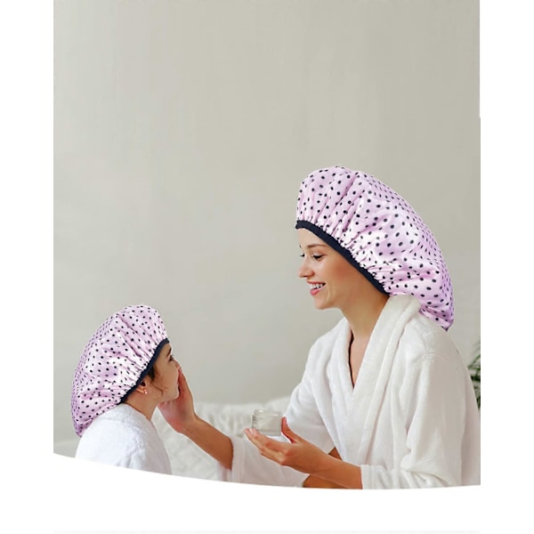 Dusjhette for kvinner med langt hår, gjenbrukbar 100% vanntett silkeaktig sateng hårhette, stor størrelse for alle hårlengder 3 farger (Polkadotter)