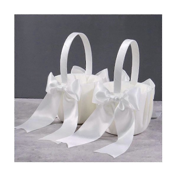 Söt Satin Blomsterflickakorg för Bröllop - Vit - 1 Pack