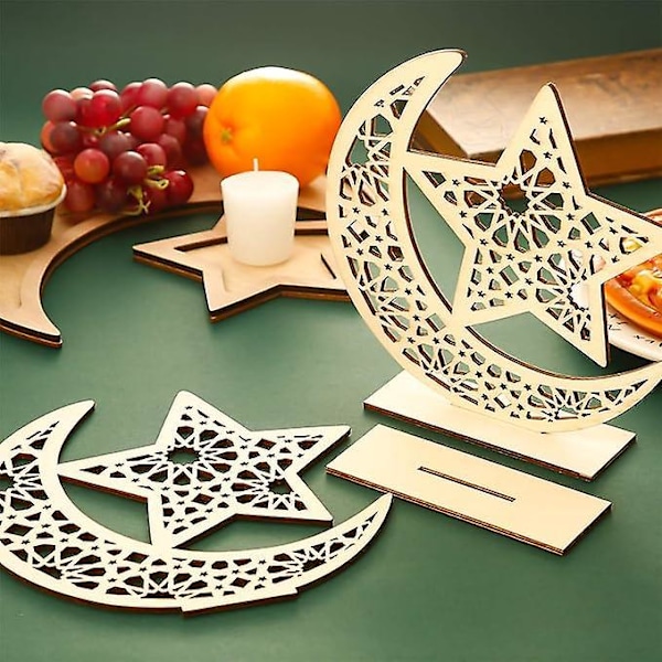 Sett med 2 trepynt til Ramadan Treborddekorasjon Måne Stjerne Henger for Eid Ramadan Mubarak Pynt