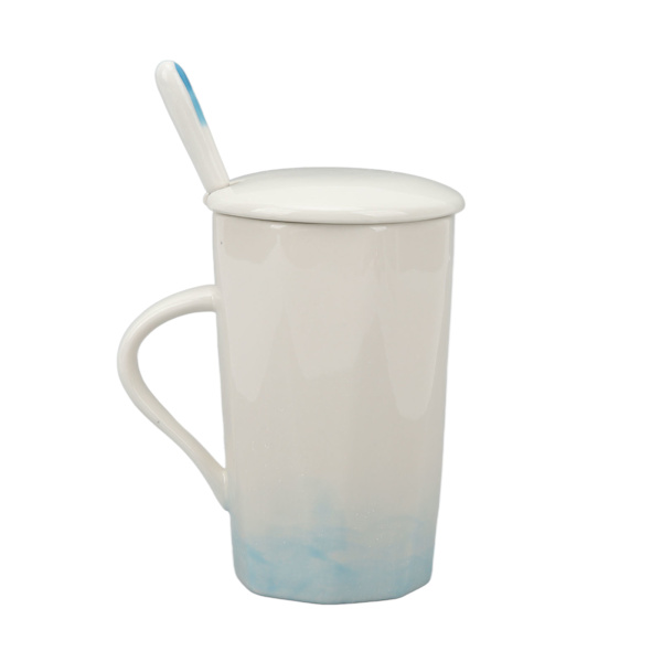 400 ml keramisk krus med blækstil, kaffekrus i keramik med ske og låg til hjemmet/kontoret, cyan