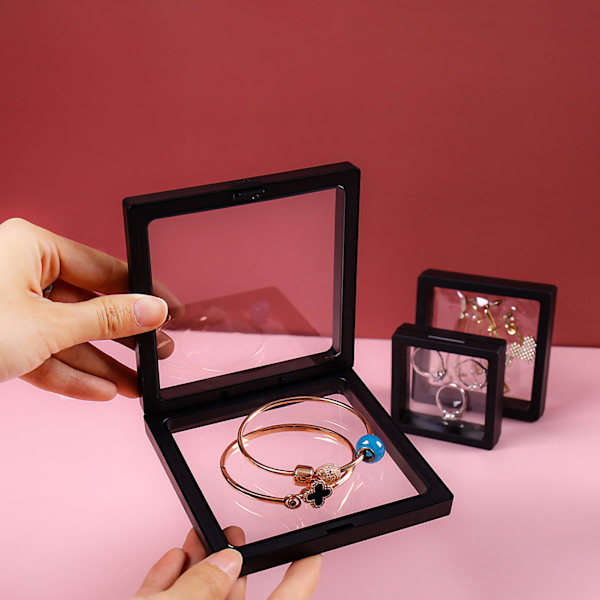 PE Film Smycken Förvaringslåda Transparent 3D Flytande Ram Display Hållare Film Smycken Display Box Svart 2,76 X 0,79in