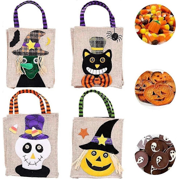 Halloween Slik Godbidder Gave Håndtaske, 4 stk. Halloween Fest Linned Sød Godte Snacks Taske til Børn Halloween Festartikler Favor