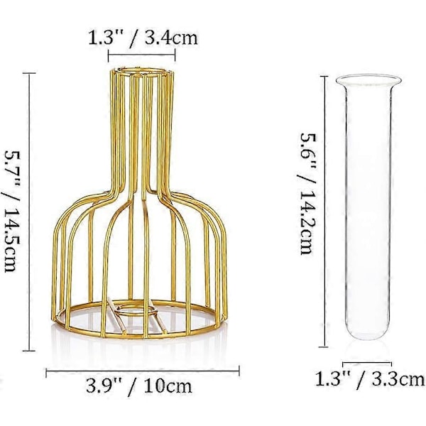 Glasförökningsstation med metallram, 2 vaser, små vaser för hemmakök kontorsskrivbordsdekor, hydroponiska växtprovrörsvaser (Guld)