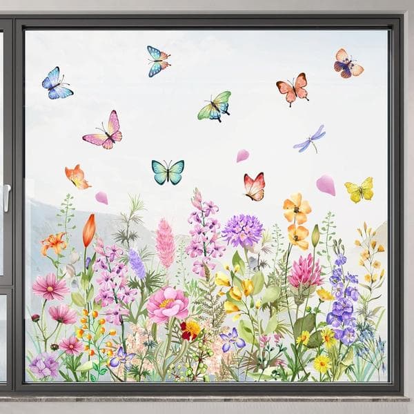 30*60 cm - Vindusdekor - Sommerfuglblomst Vindusklistremerker - Akvarellblomster - Grønne Planter Blader Vindusdekor