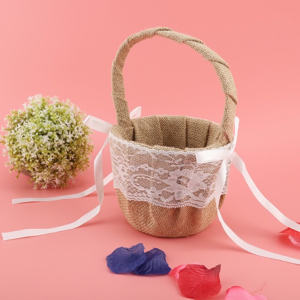 Lin Bomull Og Lin Blonder Materiale Bryllup Blomsterkurv Jentekurv Hvit Blomsterkurv