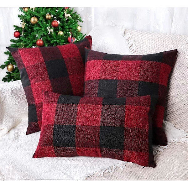 Set med 2 st bondgårdsrutiga örngott kuddfodral polyester linne jul heminredning röd och svart, 45 x 45 cm