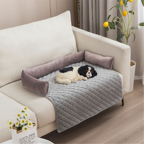 Fløjls kæledyrs sofa seng - Medium størrelse, skridsikker og vandtæt, med 3-sidede puder - Ideel møbelbeskyttelse til kæledyr 90X120CM GRÅ LILLA