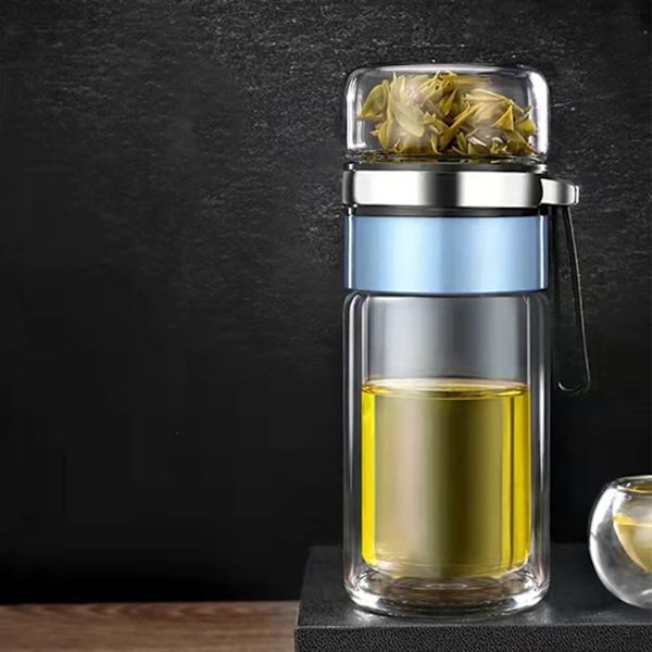 Glas gennemsigtig te flaske bærbar te vand flaske te og vand separation flaske blå