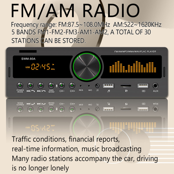 SWM-80A Autoradion MP3-soitin FM-radio Värikäs valaistus Bluetooth MP3-audiosoitin