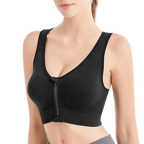 Women's Breathable Zip Front Sports Bra - Shockproof, Wirefree, Perfect for Running and Yoga XL Black