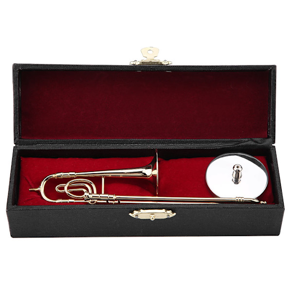 Miniature trombone replika med stativ og urkasse guldbelagt instrumentmodel musikalske ornamenter