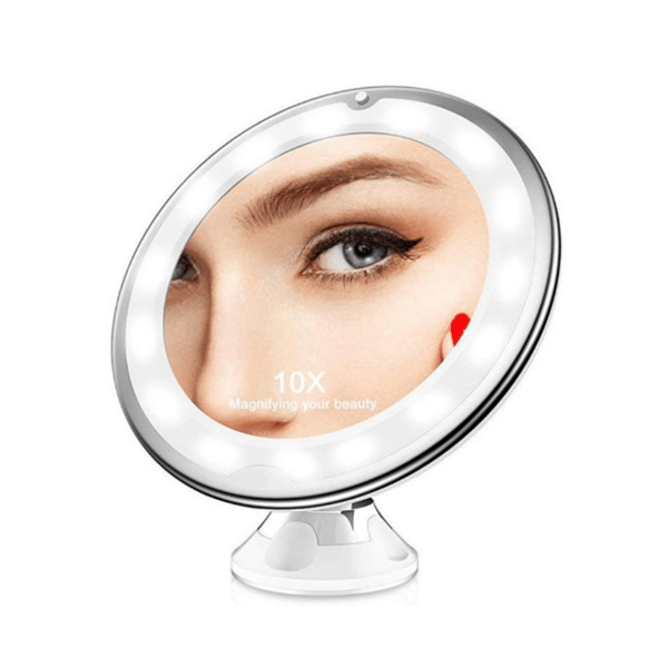 10X LED Makeup Mirror with Magnification, Lockable Suction Cup, 360 Degree Rotation, Adjustable for Home, Travel, Bathroom, Battery Operated