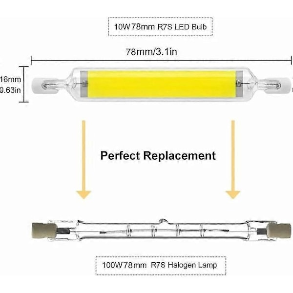 2-pack 10W R7S LED-lampa 78mm 220V Dimbar Kallvit 6000-6500K 100W Halogen J78 Ersättning, Dubbelsidig R7S Basrör, 360 Graders Ljusvinkel, Energisparande