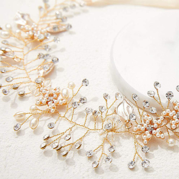 Bryllupshodebånd Rhinestone Faux Pearl Blomsterbladformet anheng Brudehodeplagg Hårtilbehør