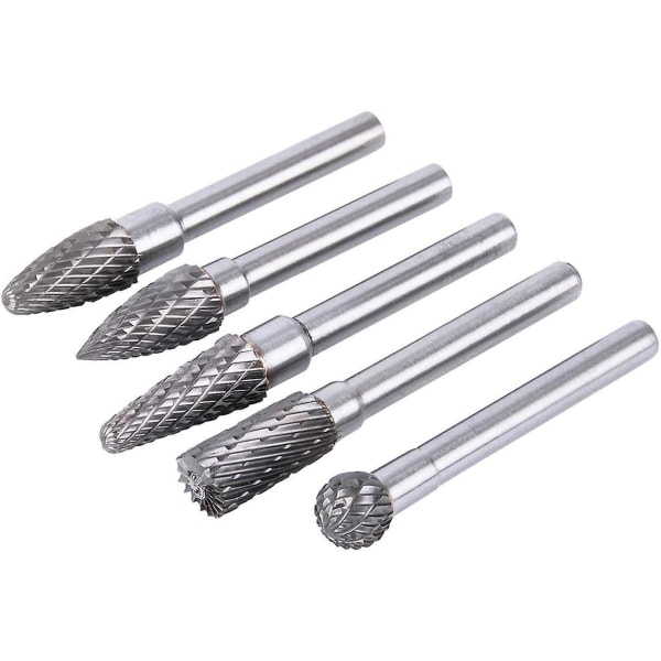 Tungsten Carbide Rotary Burrs Set - 5 stk, 610 mm, dobbeltkuttet, 6,35 mm sylindrisk skaft, for trebearbeiding og metallpolering