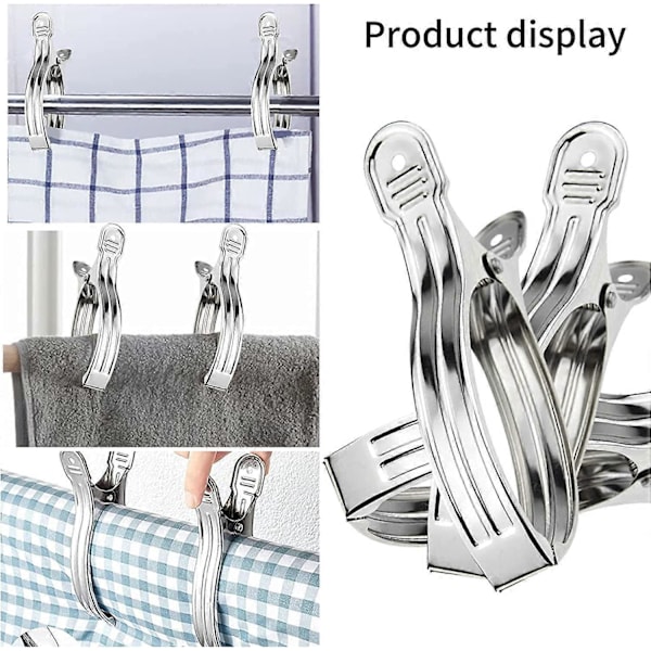 8 Store Tøjklemmer i Rustfrit Stål, Store Tøjklemmer Vindtætte Clips, Holdbare Tøjklemmer til Strandhåndklæde/Badehåndklæde