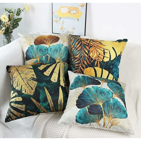Sett med 4 firkantede putetrekk i grønne og gullfargede blader, lin sofa putetrekk, 45*45cm