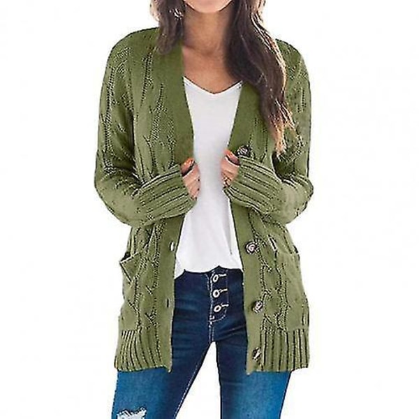 Stilig strikket cardigan med V-hals for kvinner med vridd mønster og knappelommer XL Army Green