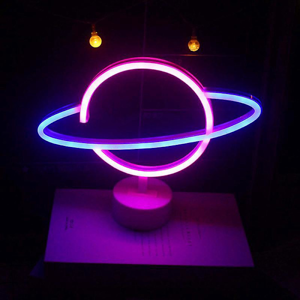 Neon Planet Bordlamper - Blå/Pink Natlampe med Holderbase