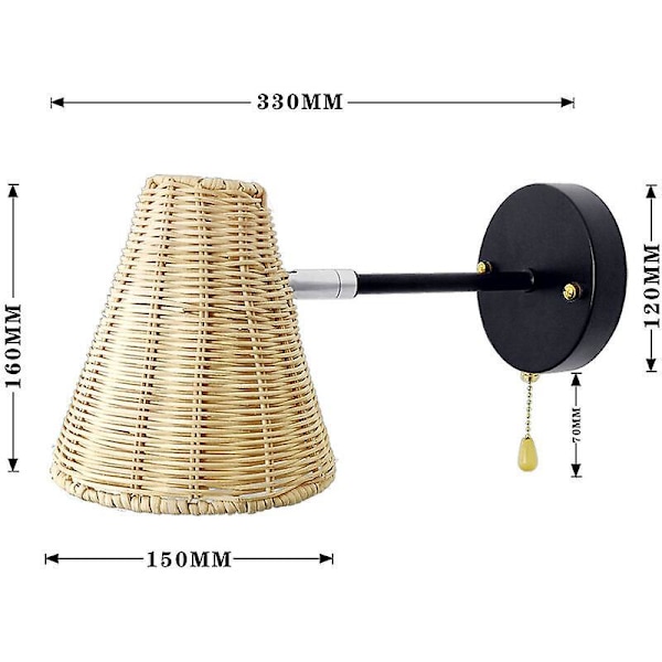Væglampe, rattanvævet væglampe, velegnet til soveværelse, stue, bar, café og restaurant