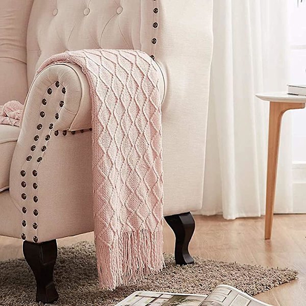 Blød strikket pom pom tæppe, 127x180cm, Rose, hyggeligt sofabetræk, fleece tæppe til aircondition
