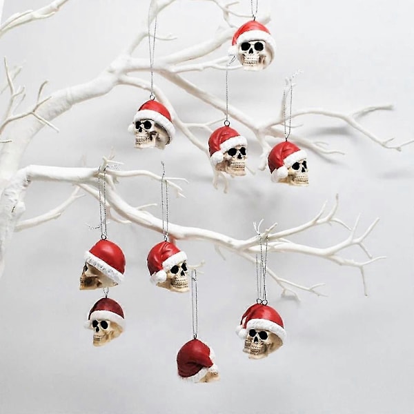 Julgransprydnader Mini Dödskalle Med Röd Tomteluva Hantverk Med Snöre Julfest Hängande Tillbehör