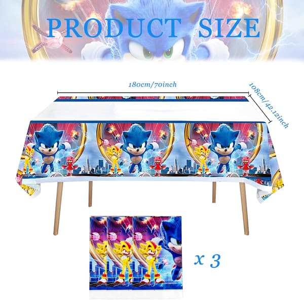 3-pack Sonic bordsduk, 180x108 cm vattentät igelkott festbordsduk rektangulär plast Sonic för barnkalas med tema