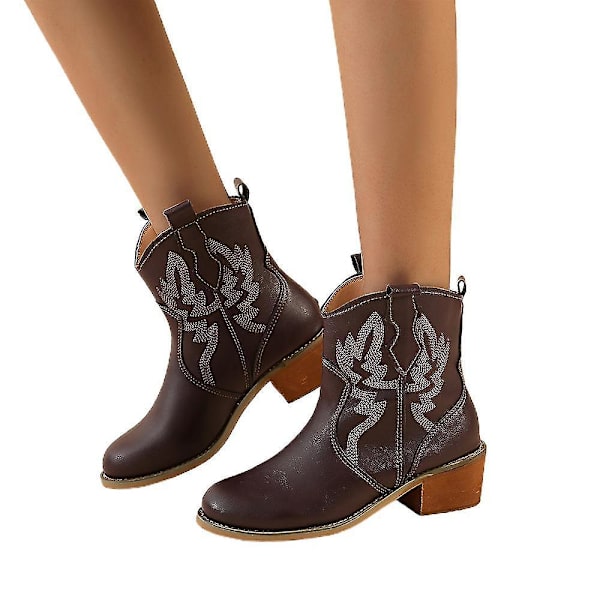 Avslappnade Cowboy Ankle Boots för Kvinnor med Mellanhög Klack och Bred Läst - Kaffe