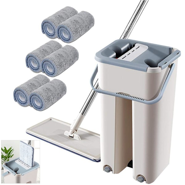 Flatmopp i mikrofiber med teleskopstang og roterbar mopp for hjemmet