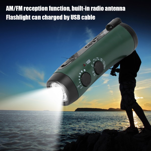 Plastficklampa med vev, radio och LED-ficklampa för nödsituationer, grön