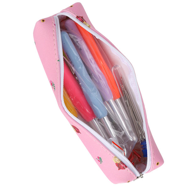 Virka nål set TPR mjukt handtag nålar kit DIY stickning verktyg hushållsartiklar C1‑rosa väska