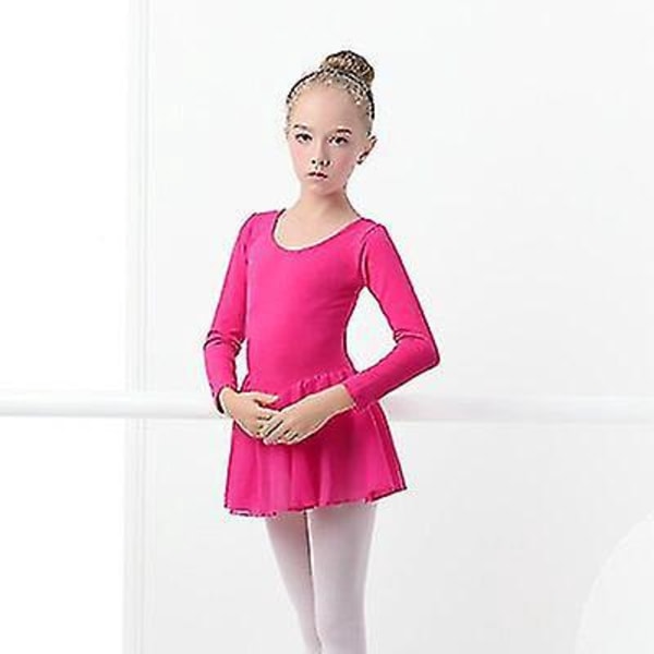 Børneballetkjole med korte ærmer Gymnastikdragter og Chiffon Skørter Højde 110-120cm Hot Pink Langærmet