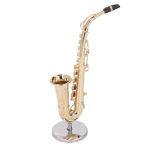 Miniatyr Saxofon med Stativ Mässing Livslik Mini Musikinstrument Dockhus Modell Heminredning