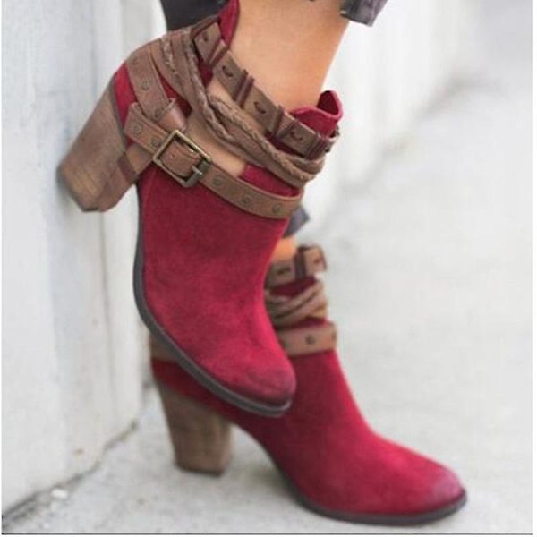 Röda spännskor med chunky klackar för kvinnor, ankelboots för vinter/höst, avslappnad stil