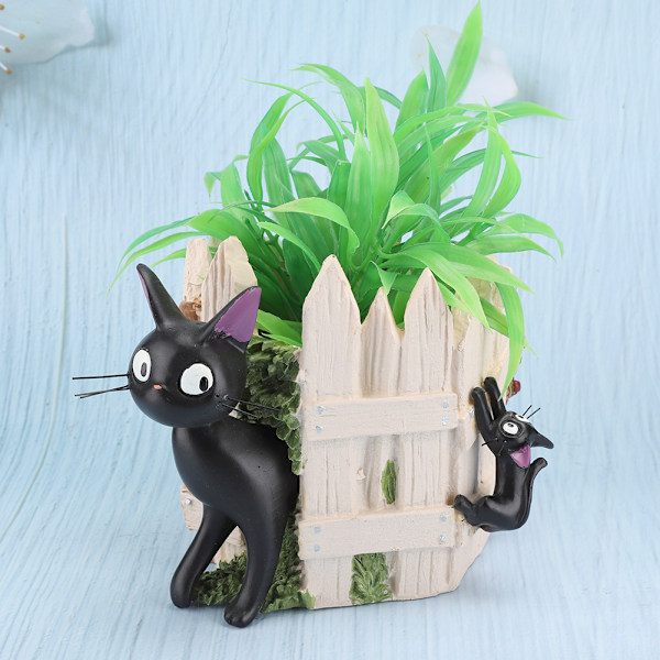 Söt svart katt tecknad harts suckulent planter staket mikro landskap blomkrukor växtkruka dekor