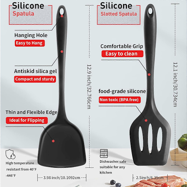 Silikonspatel - 2 st Värmebeständiga Spatelset med Slitsar Köksredskap, Hög Värmebeständig Non-Stick Flexibel Stor Svart Silikonspatel