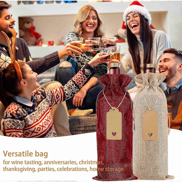 Premium Jute Vinsække og Gavemærker, Genanvendelige Vin Gaveposer med Snore, Vinflaskeposer, Vinposer til Bryllup, Fødselsdag, Blindsmagninger, C